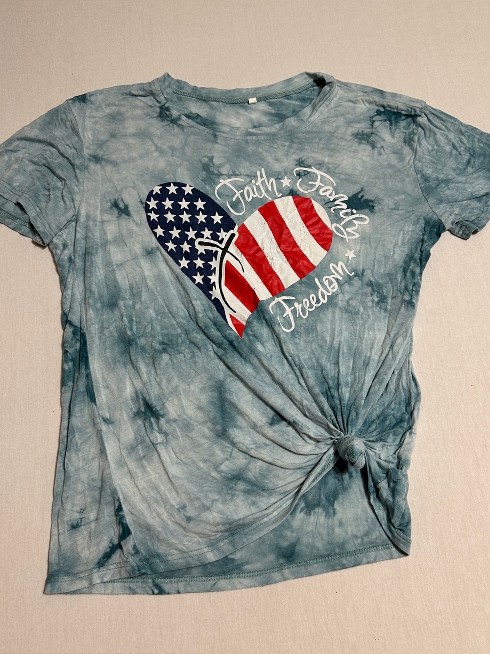 Tie-Dye Blue Graphic Tee with Patriotic Heart